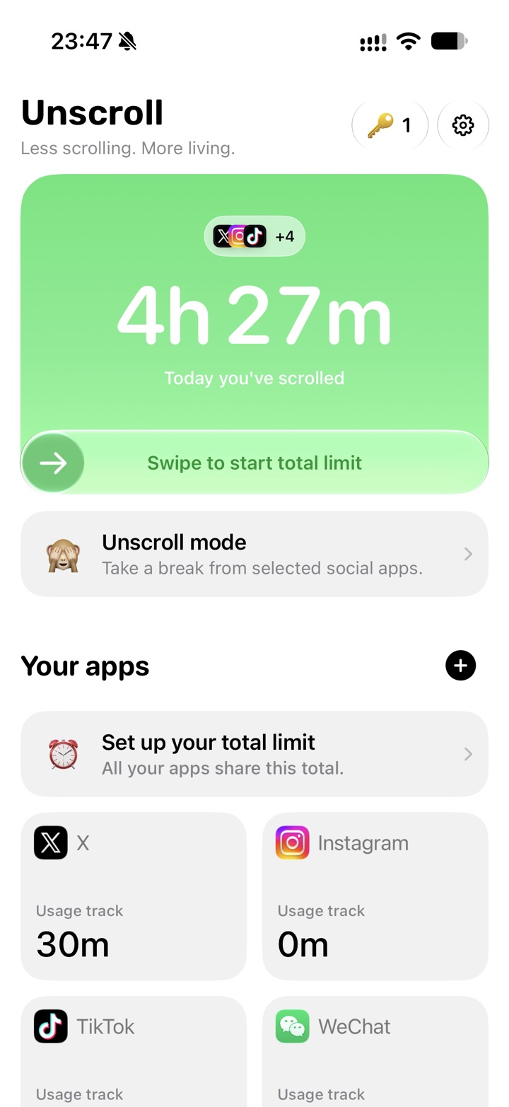Unscroll home screen and today’s total